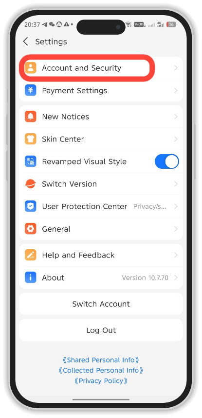 Account and Security для цифрового сертификата